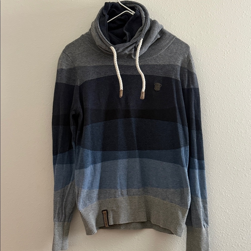 Naketano Women's Blue & Gray Striped Cowl Neck Sweater
